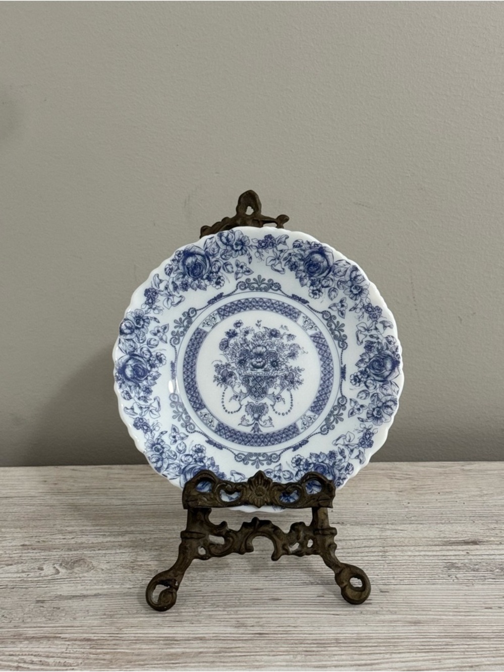 Vintage Arcopal France Blue and White Floral Milk Glass Plates - Set of 4
